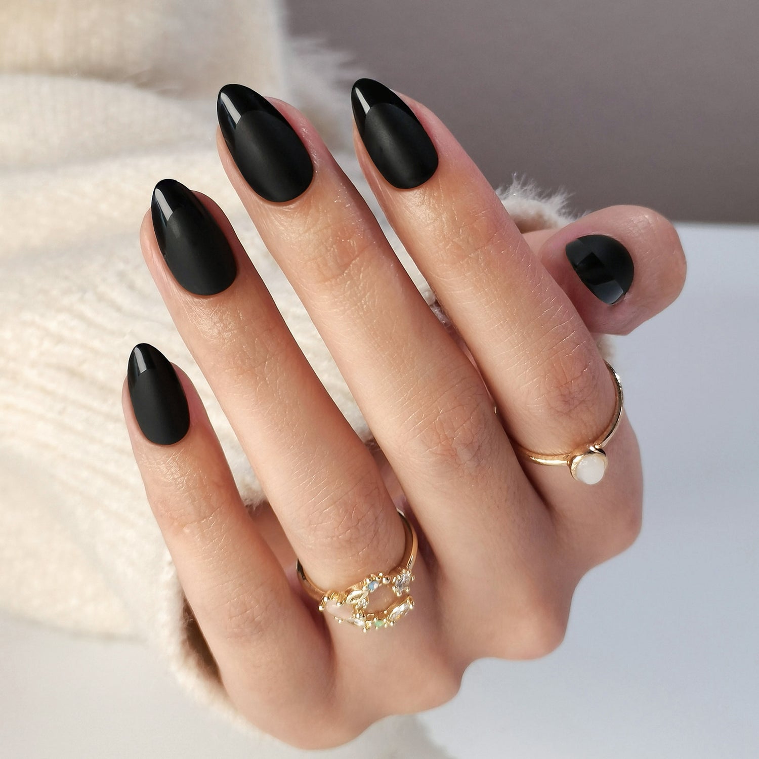 Matte Black French Short Almond Nails